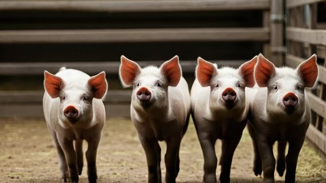 Young Healthy Pigs on a Farm in a Rustic Wooden Pen Environment