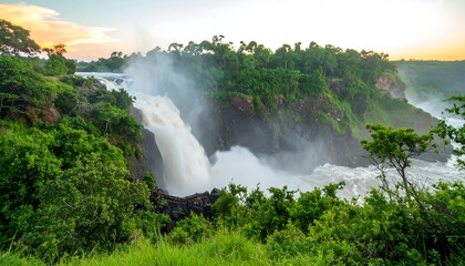 Murchison Falls Uganda Majestic Waterfall Surrounded by Lush Greenery at Sunset.