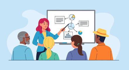 Businesswoman presents data and analysis to diverse colleagues in a corporate meeting or workshop, illustrating strategy and growth.