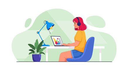 Focused woman in headphones works remotely on laptop, analyzing data. Ideal for themes of productivity, online learning, or modern freelance lifestyle.