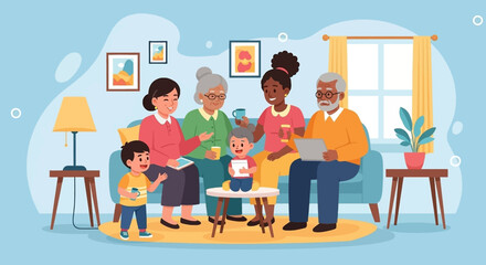 Happy multi-generational family bonding at home, enjoying relaxation and connection. Depicts warm interaction, shared moments, and a modern lifestyle.