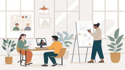 Diverse team collaborating in a modern office, featuring remote work via video call and a presentation whiteboard. Ideal for business, teamwork, and contemporary workplace concepts.