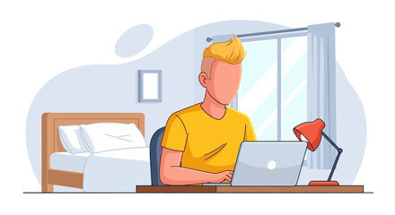 Young person working on laptop at a desk in a home environment. Represents remote work, online learning, or digital lifestyle productivity.