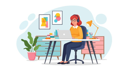 A happy woman works remotely on her laptop with headphones in a cozy home office, illustrating productivity and modern flexible work-life balance.