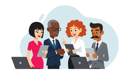 Diverse business team collaborating with digital tablets and laptops in a modern office. Represents teamwork, communication, and digital workplace innovation.