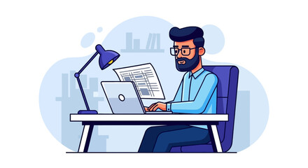 A bearded man in glasses diligently works on his laptop at a desk, reviewing documents. Ideal for business, remote work, or professional productivity concepts.