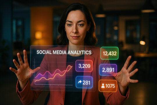 Woman analyzing social media data on futuristic display, photo