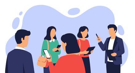 Group of people using mobile phones and tablets, engaging in modern communication and digital interaction. Ideal for business, technology, or lifestyle concepts.