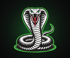 A detailed artwork of an aggressive cobra ready to attack, mouth wide open revealing sharp fangs, forked tongue, and green eyes.