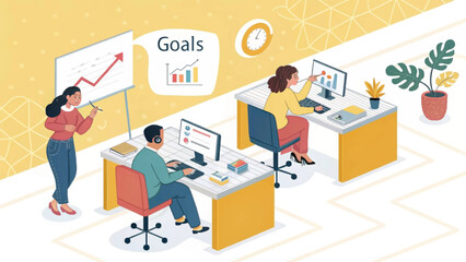 Business professionals collaborate in a modern office, analyzing data and setting goals for growth and success. Ideal for concepts of strategy, teamwork, and achievement.