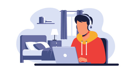 Person in headphones working on laptop from a cozy bedroom, representing remote work, online education, or a casual digital lifestyle.