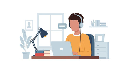 Person in headphones working on a laptop at a home office desk, suitable for remote work, online education, or virtual communication.