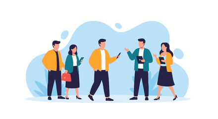 Modern business professionals collaborate and communicate, utilizing digital tools. Represents teamwork, strategy, and networking for corporate success.