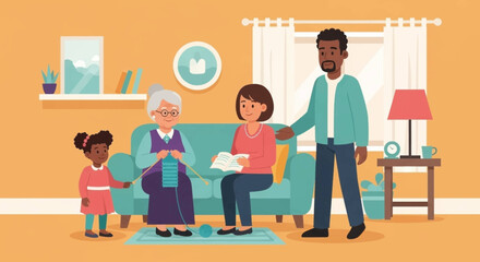 Happy multi-generational family enjoying quality time at home. Grandmother knits, mother reads, and child interacts, depicting family bonding and tradition.