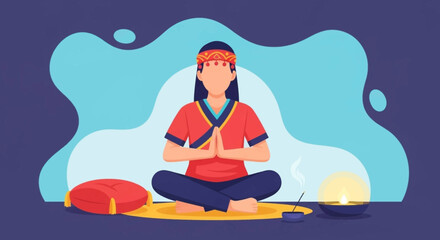 Person meditating in a serene setting with traditional elements like an incense stick and lamp, symbolizing peace, mindfulness, and spiritual wellness.