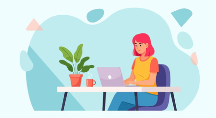 Young woman with pink hair working remotely on a laptop at a desk, surrounded by a plant and coffee. Ideal for concepts of remote work, online learning, and productivity in a modern lifestyle.