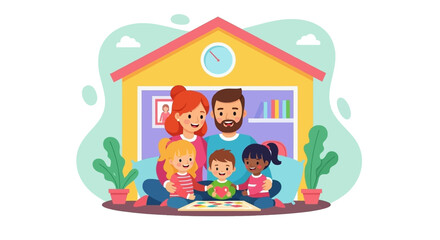 Happy diverse family enjoying quality time at home, playing and bonding together. Represents love, security, and childhood joy. Ideal for lifestyle, parenting, or educational themes.