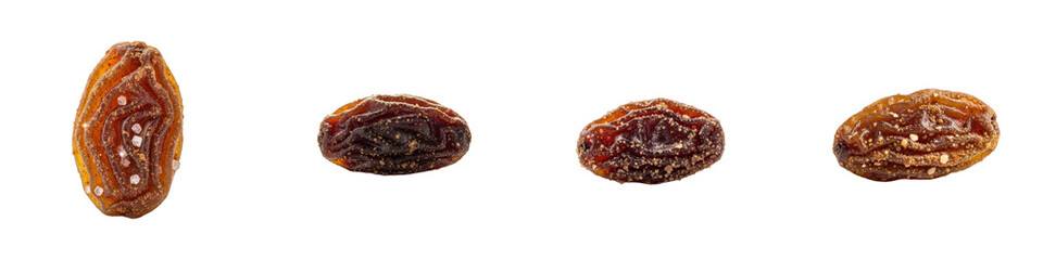 Raisins aligned on white background. Dried fruit, snack, nutrition, food, healthy, sweets, ingredient, dessert, vegetarian.