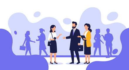 Business professionals engaging in a discussion, illustrating teamwork, communication, and corporate networking. Ideal for concepts like partnership and collaboration.