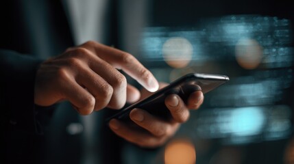 Medium angle on a professional reviewing twofactor authentication codes on a smartphone with abstract cyber threat warnings softly blurred in background.