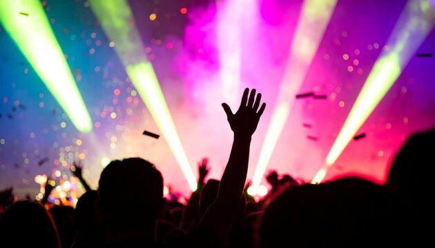 Silhouettes of concertgoers raising hands in a vibrant, colorful concert setting.  Colorful laser beams and confetti fill the background