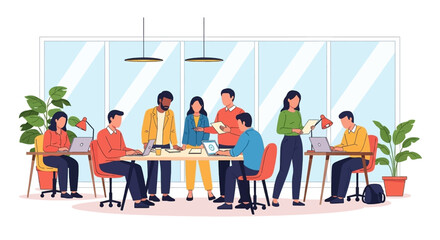 Diverse team collaborating and working diligently in a modern, bright office space, highlighting teamwork, productivity, and a professional business environment.