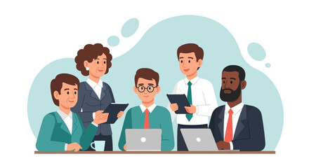 Diverse business team collaborating in a professional meeting, discussing strategies and ideas with laptops and tablets. Represents teamwork, innovation, and modern corporate work.