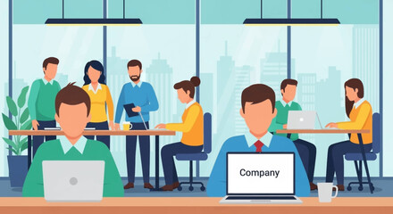 Diverse business team collaborating and working diligently in a modern, open-plan office with a cityscape view. Represents professionalism, productivity, and corporate success.