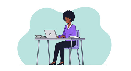 Confident African American woman efficiently working on her laptop at a desk. Perfect for business, education, productivity, or remote work themes.