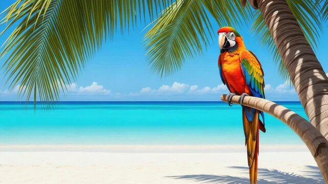 Colorful parrot perched on a palm tree with tropical sea and sky