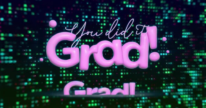 Flickering teal squares sparking 3D Grad! rising stacking twice, pulsing to celebrate graduation