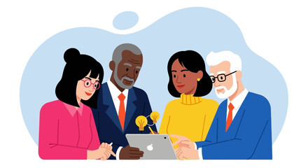 Diverse business team collaborating on new ideas using a tablet. Illustrates innovation, teamwork, strategy, and modern digital problem-solving in a corporate setting.