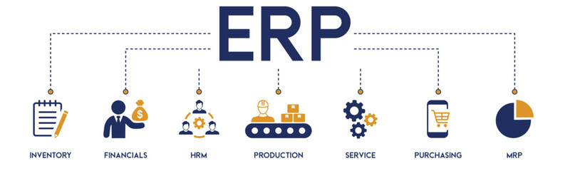 ERP vector illustration banner with icons. Enterprise Resource Planning infographic concept for business management, automation, and system integration. Perfect for corporate presentations.