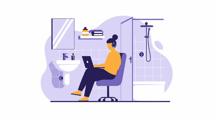 Woman wearing headphones works on a laptop in a bathroom, symbolizing remote work, flexible productivity, and unconventional office spaces. Perfect for business and lifestyle themes.