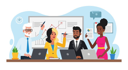 Diverse business team collaborating in an office meeting, analyzing data, discussing strategy, and working on laptops. Ideal for business, teamwork, and success concepts.