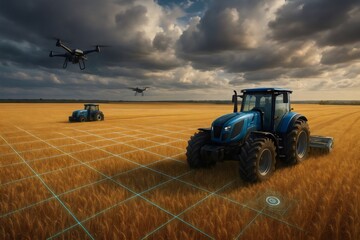Precision farming landscape with AI tractors and surveillance drones over a smart wheat field grid