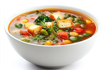 A vibrant vegetable soup, brimming with colorful diced vegetables, corn, peas, carrots, and broccoli, topped with croutons and fresh thyme sprigs in a simple white bowl, 