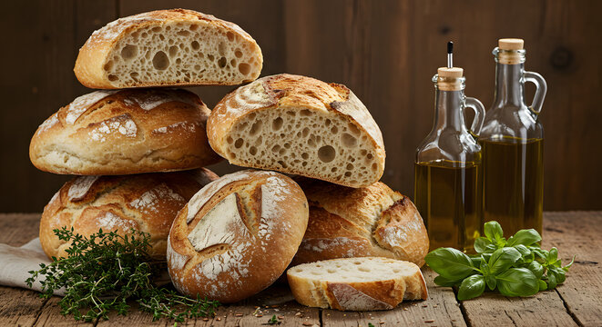 Rustic Artisan Bread Doughs Herbs Olive Oil Bottle Arrangement on Wooden Table Background