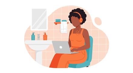 African American woman focused on remote work, using a laptop with headphones in a casual, home bathroom setting, blending personal space and productivity.