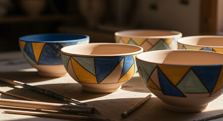 Artisanal Ceramic Bowls Handcrafted with Geometric Patterns and Vibrant Colors