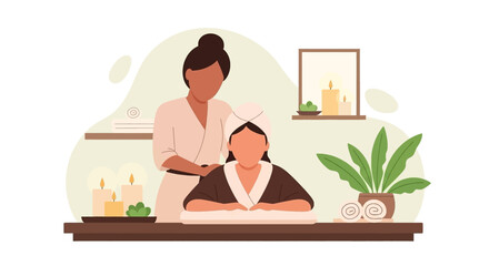 Fototapeta premium Woman enjoying a relaxing spa treatment with a therapist. Perfect for concepts of wellness, self-care, and luxury lifestyle.