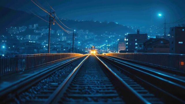 A nighttime urban scene featuring train tracks, distant city lights, and a vehicle's approaching lights