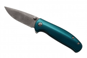 Studio shot of a closed pocket knife featuring a damascus steel blade and a teal handle, isolated on a transparent background