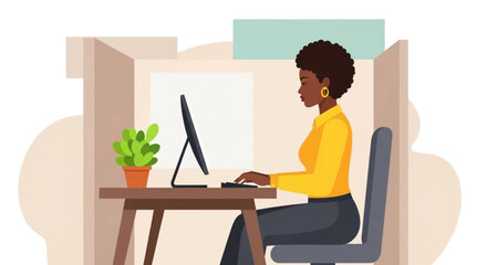 Focused African American woman diligently working on a computer in a modern office cubicle. Represents productivity, career, and corporate environment.