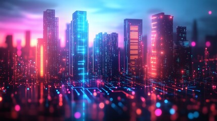 Obraz premium Futuristic city with glowing neon skyscrapers and digital circuit floor