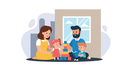 Happy family spending quality time at home. Parents and children engage in playful learning and reading, fostering connection and development. Ideal for parenting, education, or lifestyle themes.