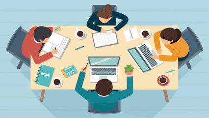 Top-down view of a diverse business team collaborating around a table in an office, actively working on projects and discussing ideas.