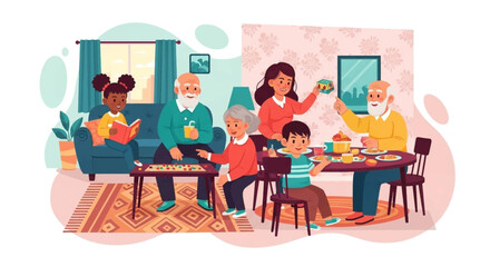 Happy multi-generational family enjoying quality time at home, playing board games, reading, and sharing a meal. Depicts joyful family bonding and leisure lifestyle.