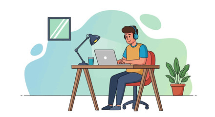 Young man in headphones working on laptop at a home office desk, illustrating remote work, online education, or digital lifestyle concepts.