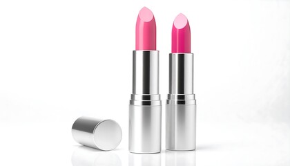 Obraz premium Two elegant, light pink lipsticks in metallic silver containers are displayed against a pure white background.